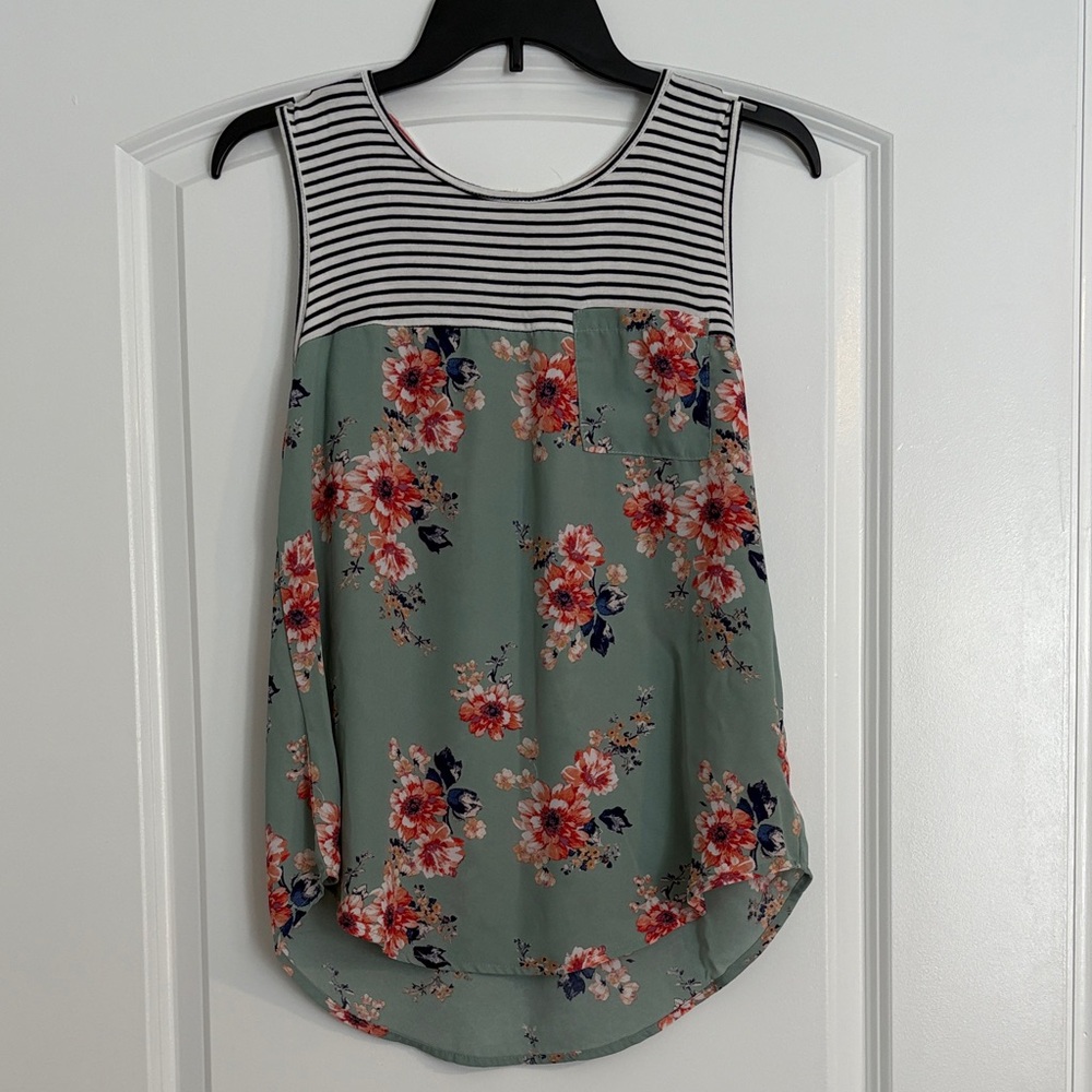 Rewind Green Floral Tank Top with Striped Yoke